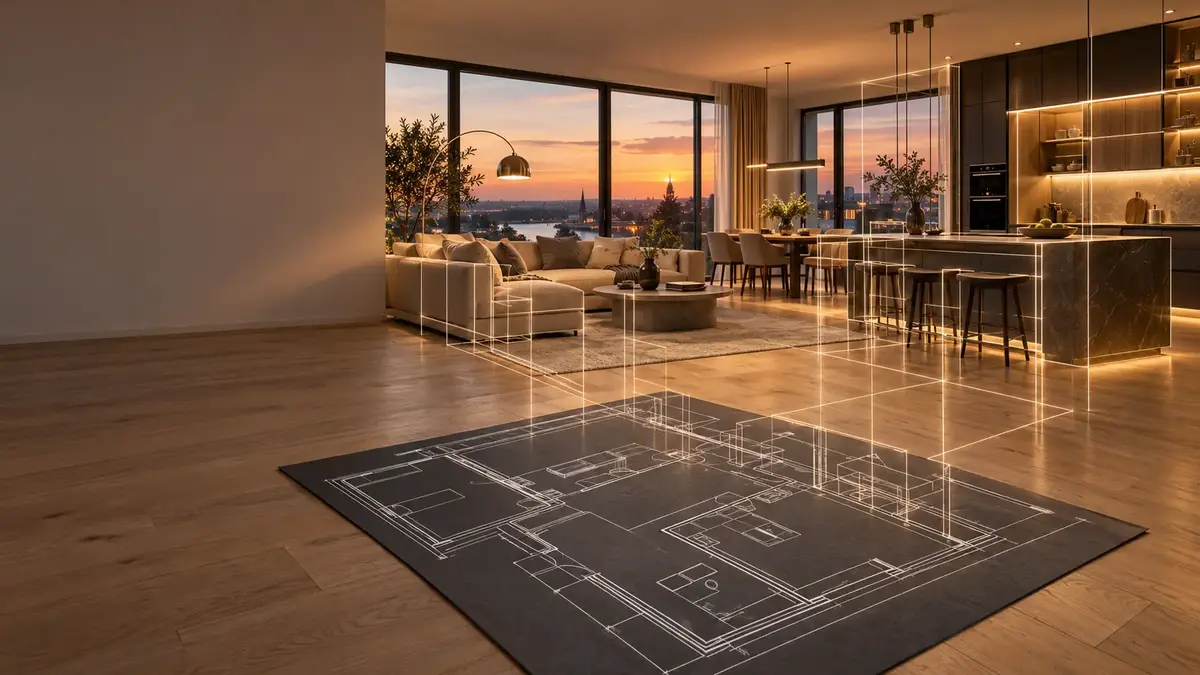 Visualisation: Living room in the evening; a floor plan lies on the floor and glowing lines rise from it to form walls and furniture