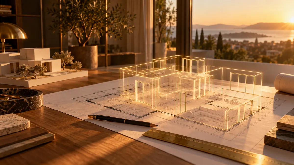Visualisation: Architecture studio in evening light: floor plans and a model lie on the desk while golden lines rise from the plan and form the rooms in 3D