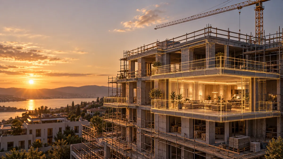 Visualisation: Residential building under construction in the evening sun with a crane; golden lines draw balconies, windows and a fully furnished apartment into the shell