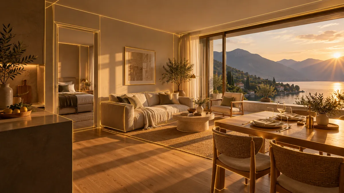 Visualisation: Bright holiday apartment with a view of a lake and mountains in the evening sun; golden lines trace the room, doors and furniture