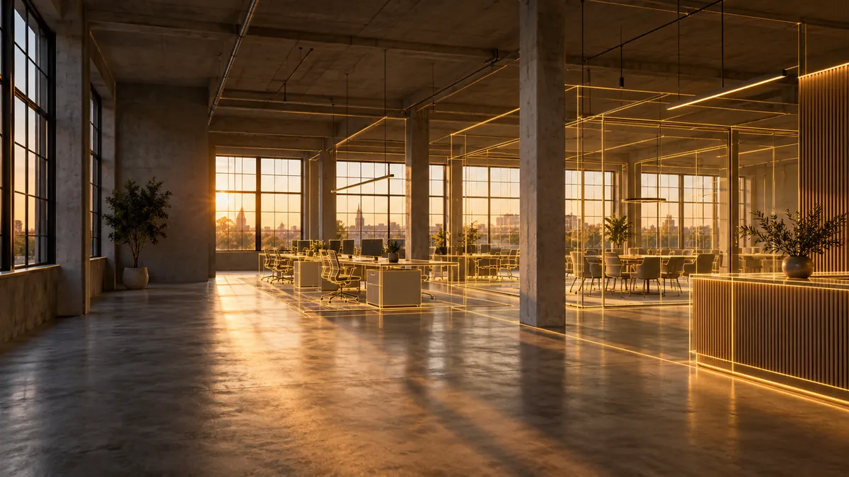 Visualisation: Empty loft space with large windows in the evening sun; golden lines draw desks, a meeting room and a reception on the floor