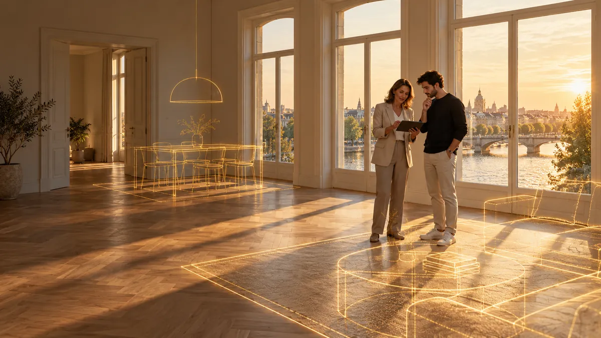Visualisation: Bright, empty apartment with a river view in the evening sun; an estate agent shows a prospective buyer something on a tablet while golden lines draw the future furniture into the room