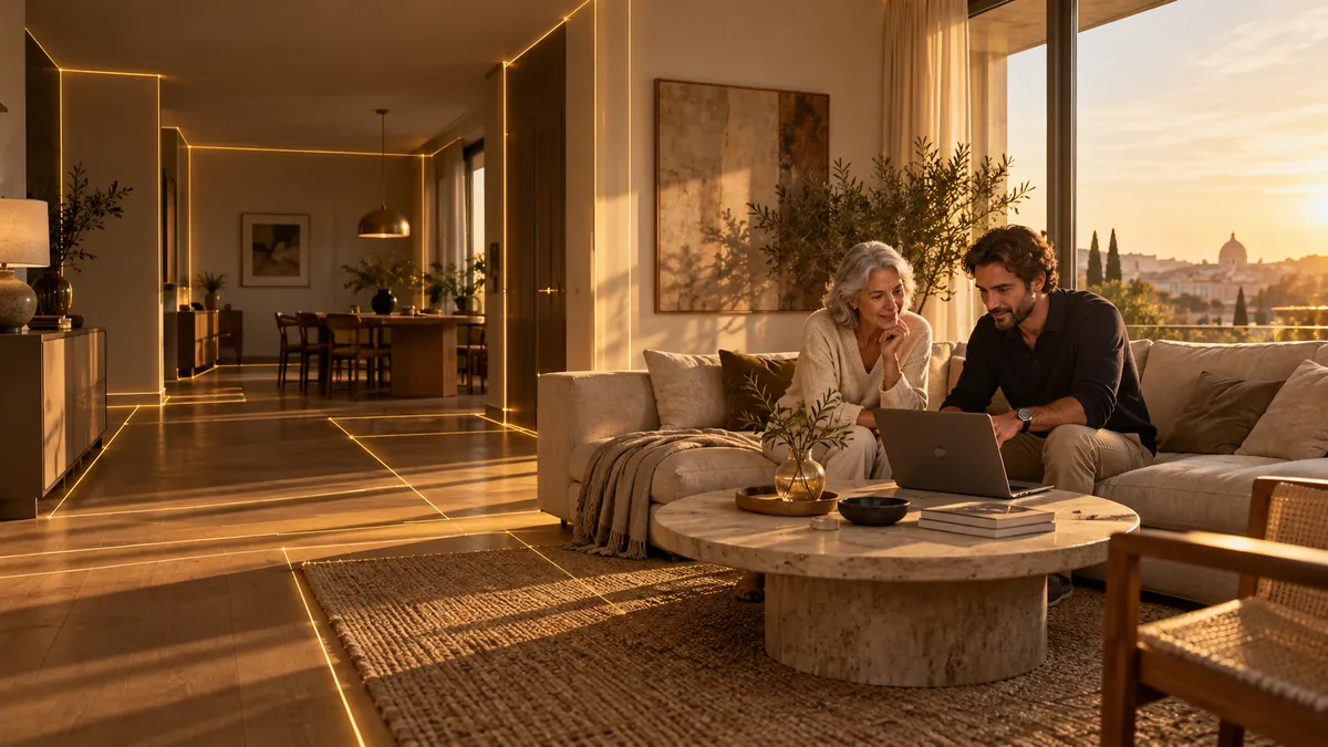 Visualisation: Cosy living room in the evening; two people look at something on a laptop while golden floor plan lines run across the floor
