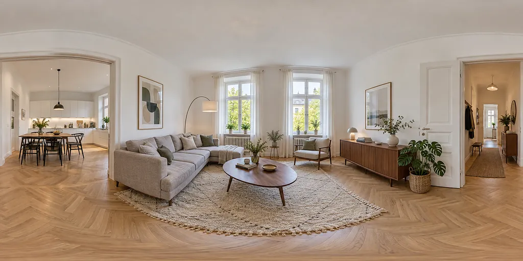 Panorámica de 360° de un salón luminoso con sofá, mesa de centro y dos ventanales altos; a la izquierda el paso a la cocina, a la derecha la puerta al pasillo