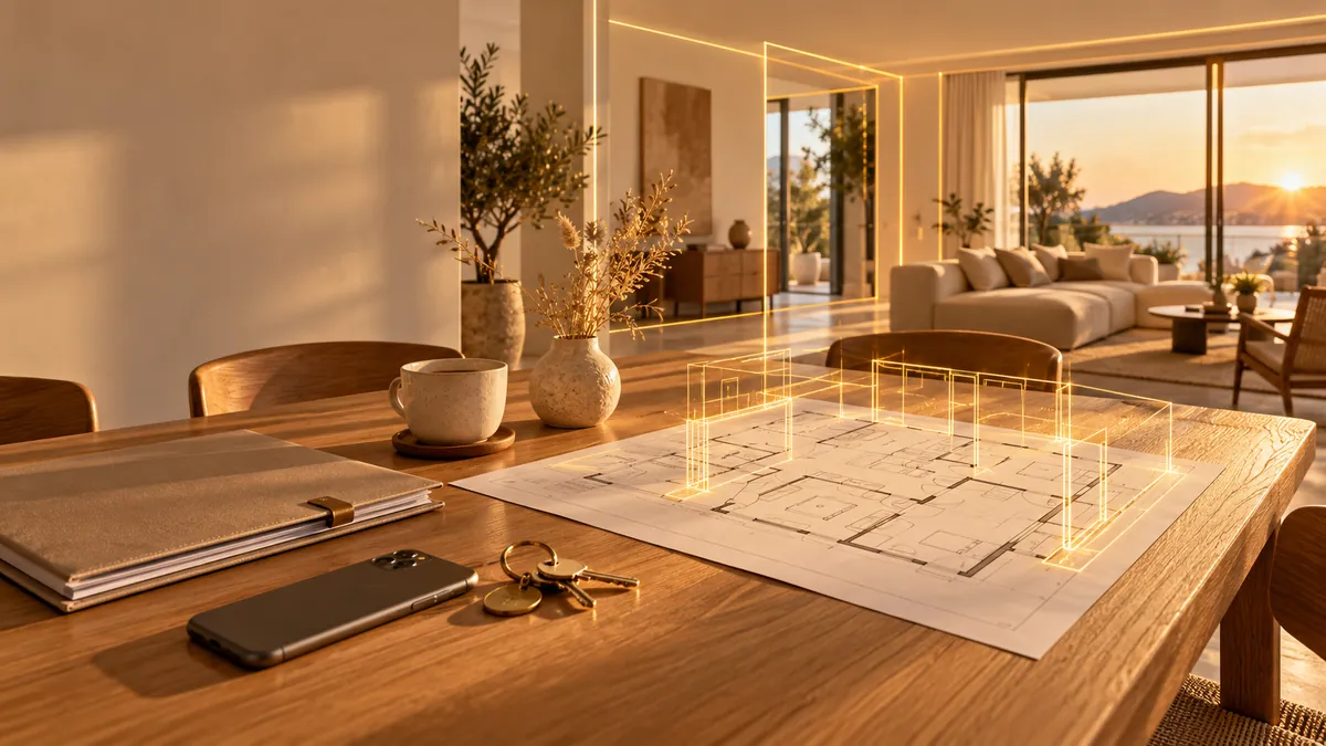 Esstisch aus Eiche im Abendlicht mit Grundriss, Unterlagen, Schlüsseln und Smartphone; goldene Linien zeichnen die Räume in 3D nach