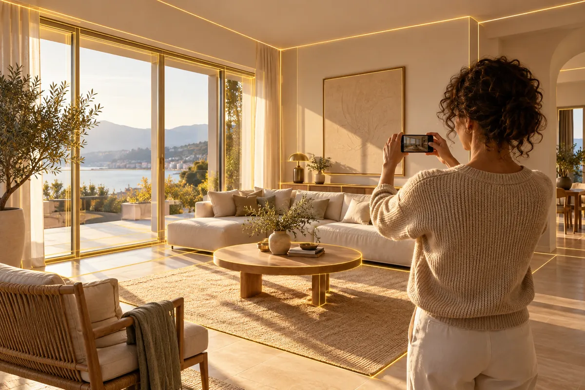 Eine Frau fotografiert ein helles, aufgeräumtes Wohnzimmer mit dem Smartphone im Querformat