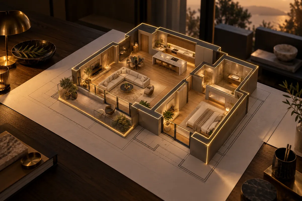 Aus einem Grundriss auf dem Tisch wächst die Wohnung als 3D-Modell mit eingerichteten Räumen; goldene Linien zeichnen die Wände nach