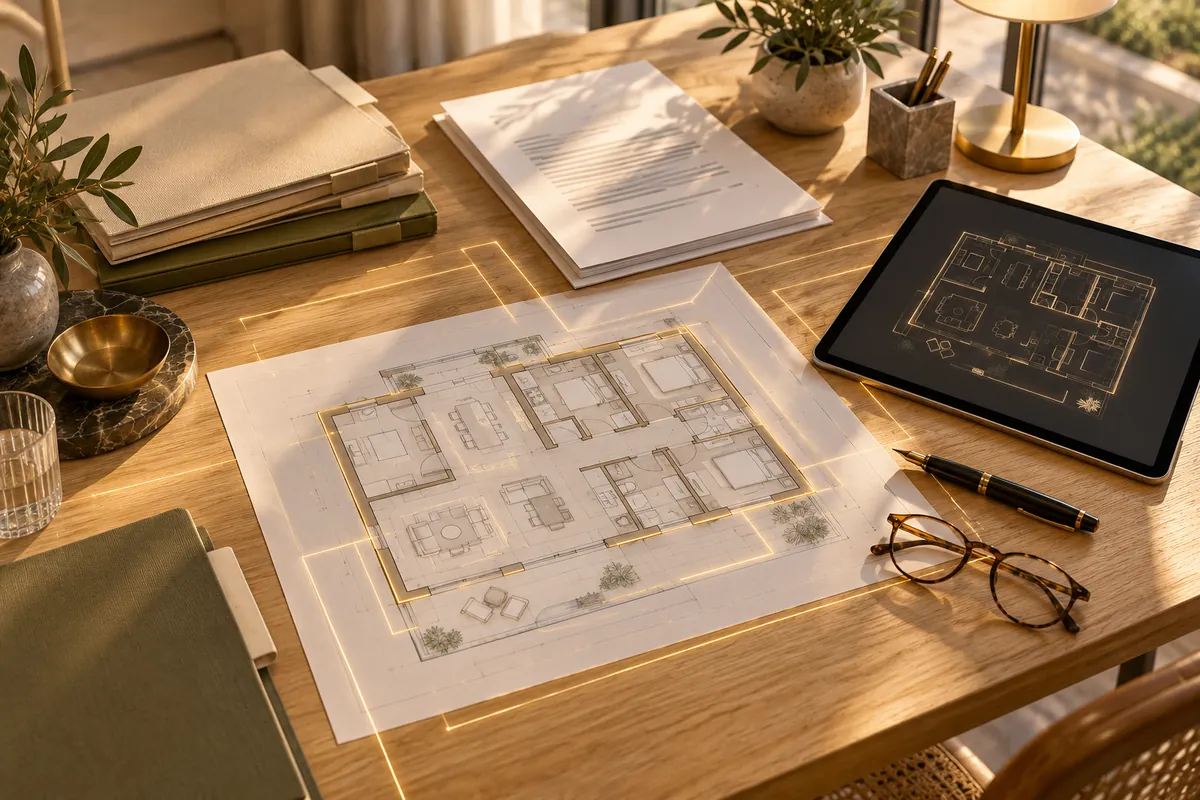 Schreibtisch mit Ordnern, Grundriss, Brille, Füller und Tablet; goldene Linien folgen dem Grundriss