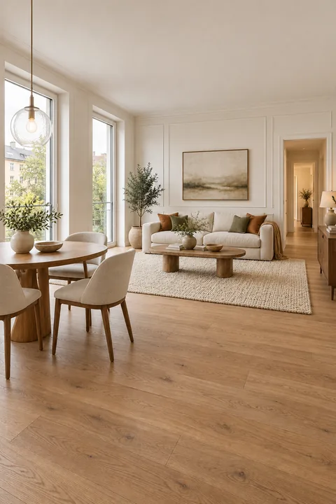 Bright living and dining room with warm natural tones, timeless furniture and two tall windows on the left.