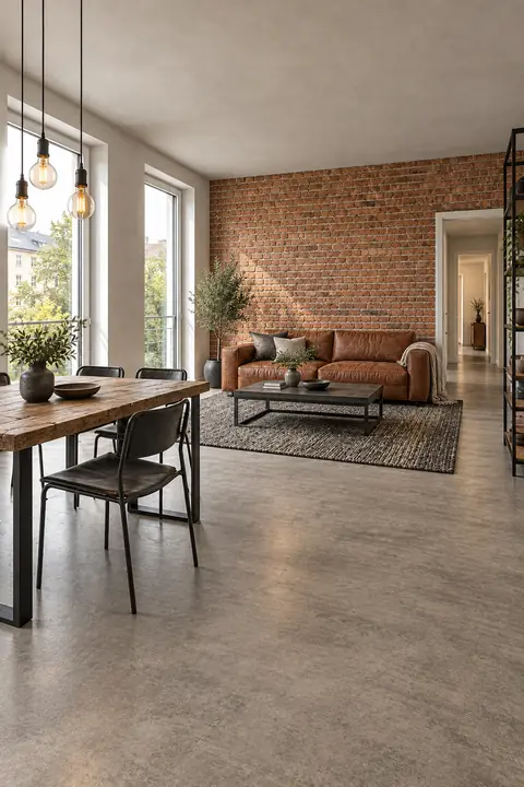 Living and dining room with a cognac leather sofa, exposed brick and black steel; two tall windows on the left.