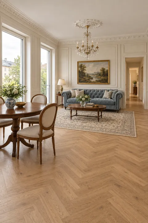 Living and dining room with a blue sofa, ceiling mouldings and herringbone flooring; two tall windows on the left.