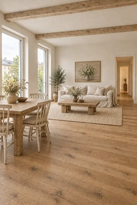 Living and dining room with a light linen sofa, rustic wood and ceiling beams; two tall windows on the left.