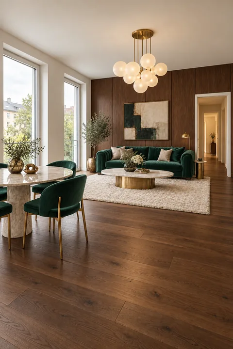Living and dining room with an emerald velvet sofa, marble and brass details; two tall windows on the left.