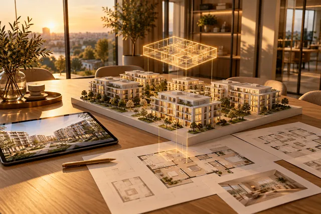 Meeting table with a model of a planned residential quarter, plans and a tablet