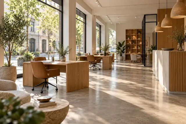 Modern ground-floor commercial unit with shop windows, a reception counter and desks