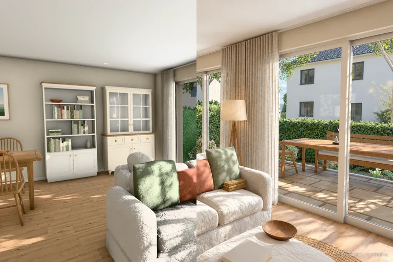 The same room, on the left as a 3D render, on the right photorealistic (visualisation)